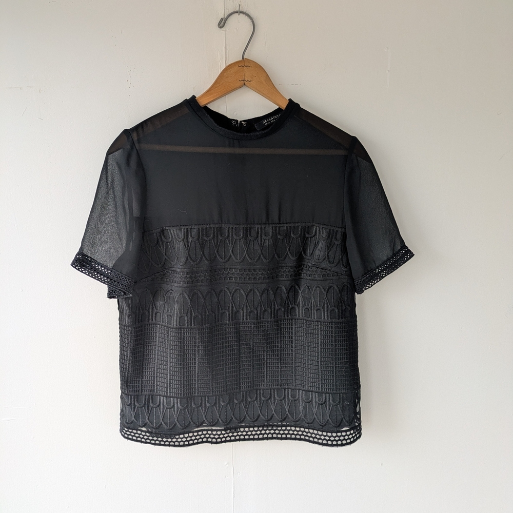 All Saints Black Lace Overlay Short-Sleeve Blouse
